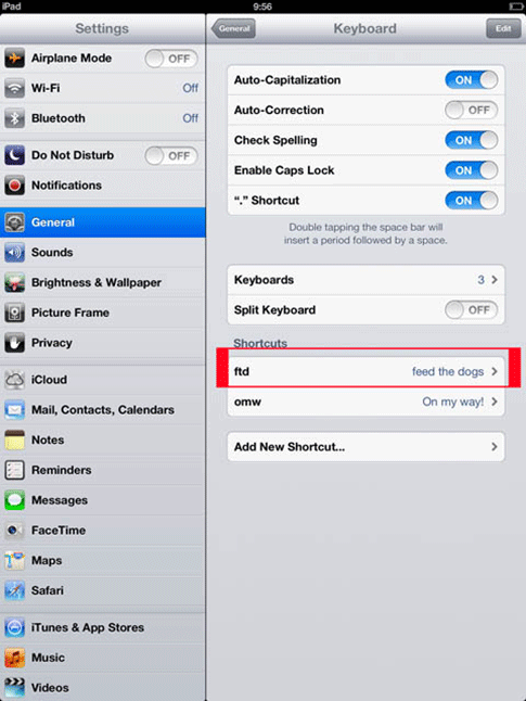 iOS Keyboard Settings, New Shortcut